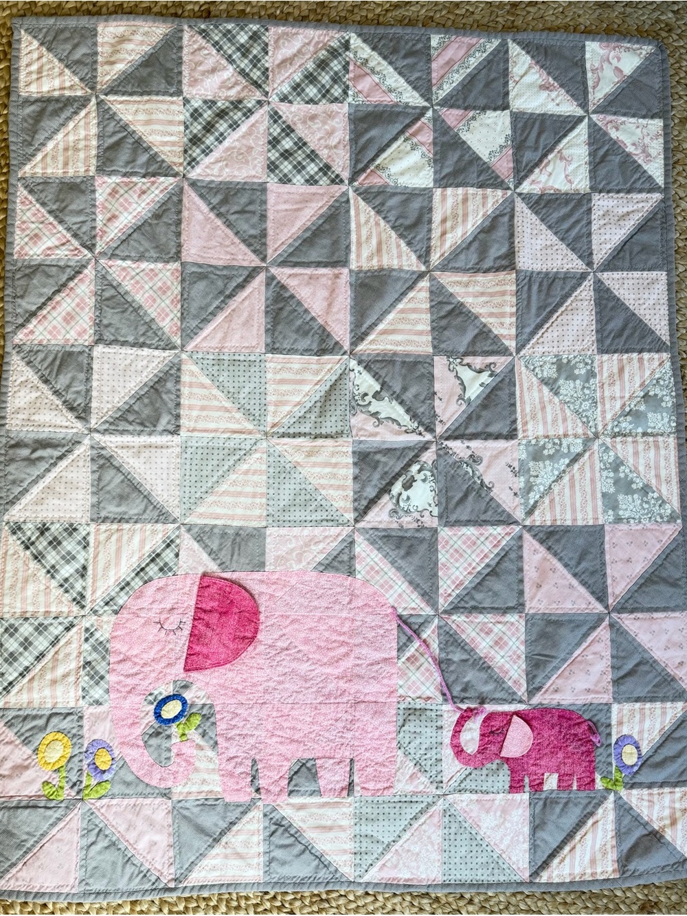 Handmade‎ Baby E is for Elephant Quilt or play blanket 50x39 Pink & Gray
